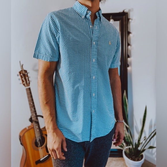 Ralph Lauren Blue Gingham Seersucker Cotton Button Up M - Picture 6 of 6